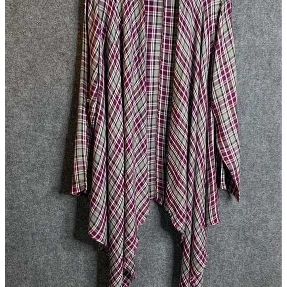 Knox Rose  Open Cardigan Shirt Waterfall Front Maroon Plaid Sz L Rayon Tan Roll - Picture 1 of 14
